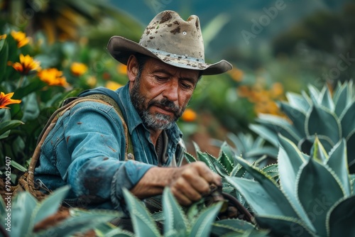 A farmer in traditional denim attire is focused on harvesting agave plants, portraying hard work and agriculture