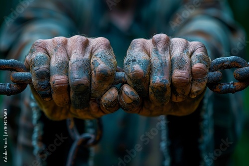 Weathered hands with dirt gripping tightly on metallic chains, depicting hard work or captivity