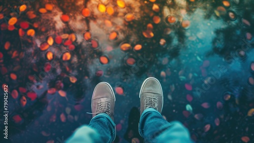 Person standing with view of feet dangling above vibrant bokeh background photo
