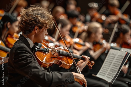 A focused violinist playing amidst the orchestra with music score in the foreground Elegance and concentration in a classical music setting