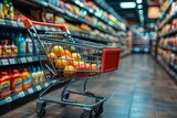A vibrant image capturing a shopping cart filled with fruits amidst the blurred grocery aisle, illustrating a shopping day