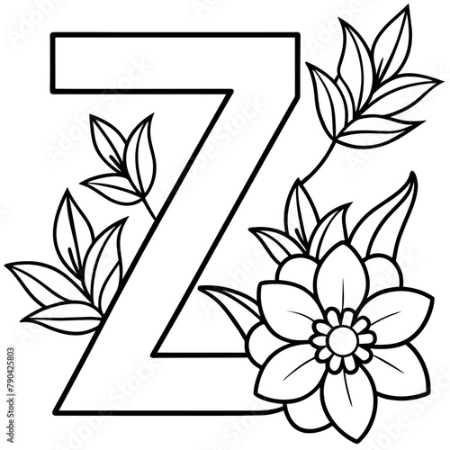 Alphabet Z coloring page with the flower, Z letter digital outline floral coloring page, ABC coloring page