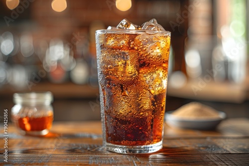 A refreshing glass of cola with ice on a bar counter, with a blurred background adding to the ambience
