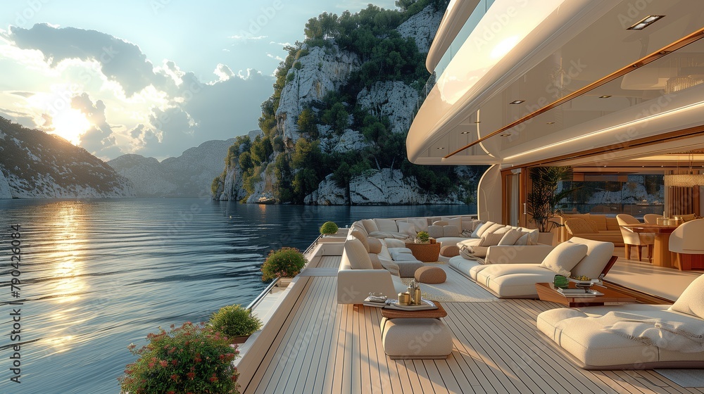 Cruise ship deck at sunset. Luxury yacht in the sea.