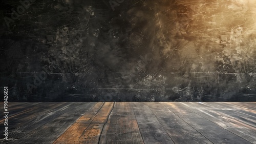 Empty dark room with weathered wooden flooring and distressed, grunge-style wall photo