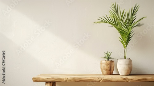 Two potted plants on wooden bench against plain wall with light shadow