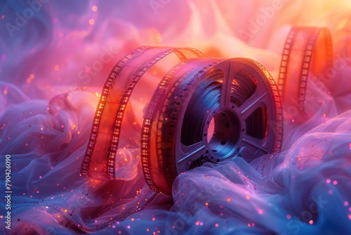 A fantasy-themed image featuring a film reel interwoven amidst vibrant silk fabrics, creating an ethereal atmosphere