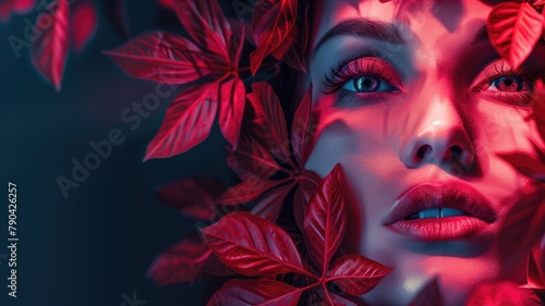 Woman's face partially obscured by red leaves with blue hue photo