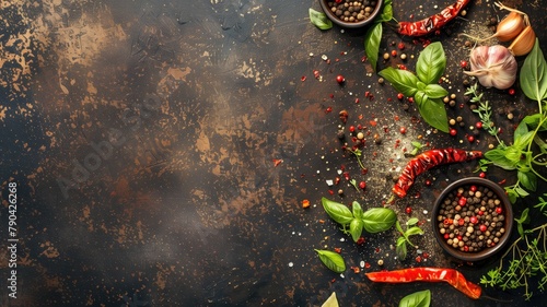 Various colorful spices and herbs scattered on dark, rustic kitchen backdrop
