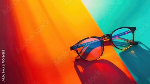 Eyeglasses with reflective lenses on dual-toned background photo