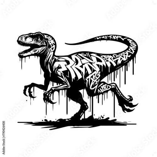 raptor silhouette, people in graffiti tag, hip hop, street art typography illustration.