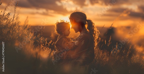 Person with Child in Field at Sunset photo