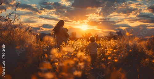 Sunset Stroll Through Tall Grass: Woman and Child Bathed in Golden Light photo