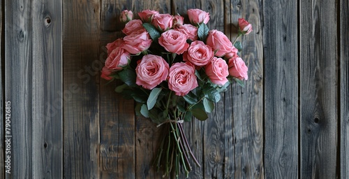 Pink Roses Resting on Wooden Wall
