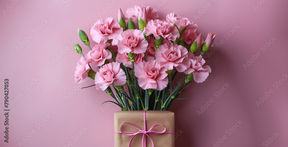 Pink Carnation Bouquet with Green Stems and Brown Paper with Ribbon Bow on Pink Background