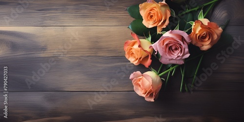 Pink and Peach Roses Bouquet on Wooden Surface photo