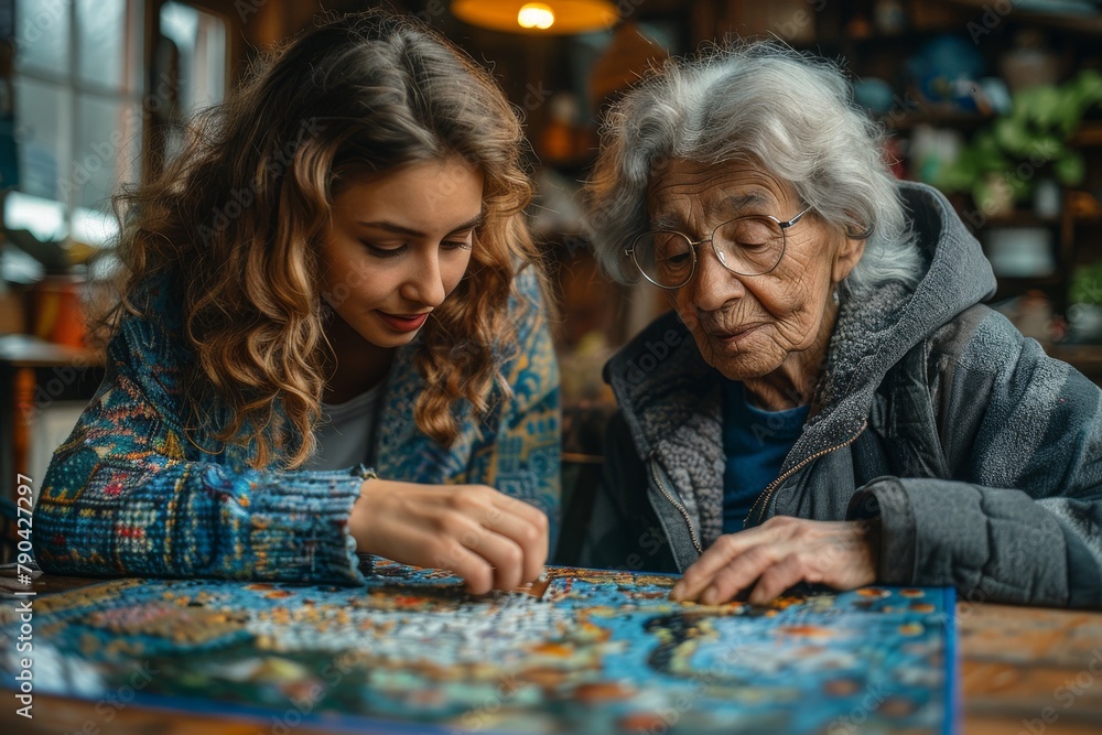 An elderly woman and her granddaughter concentrate on a jigsaw puzzle together indoors