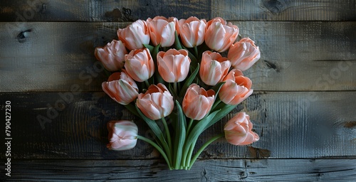 Tulips in Pink and White on Rustic Wood Background