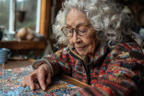 An elderly individual with curly grey hair is intently focused on solving a complex jigsaw puzzle placed on a wooden table, indicating patience and cognitive engagement photo