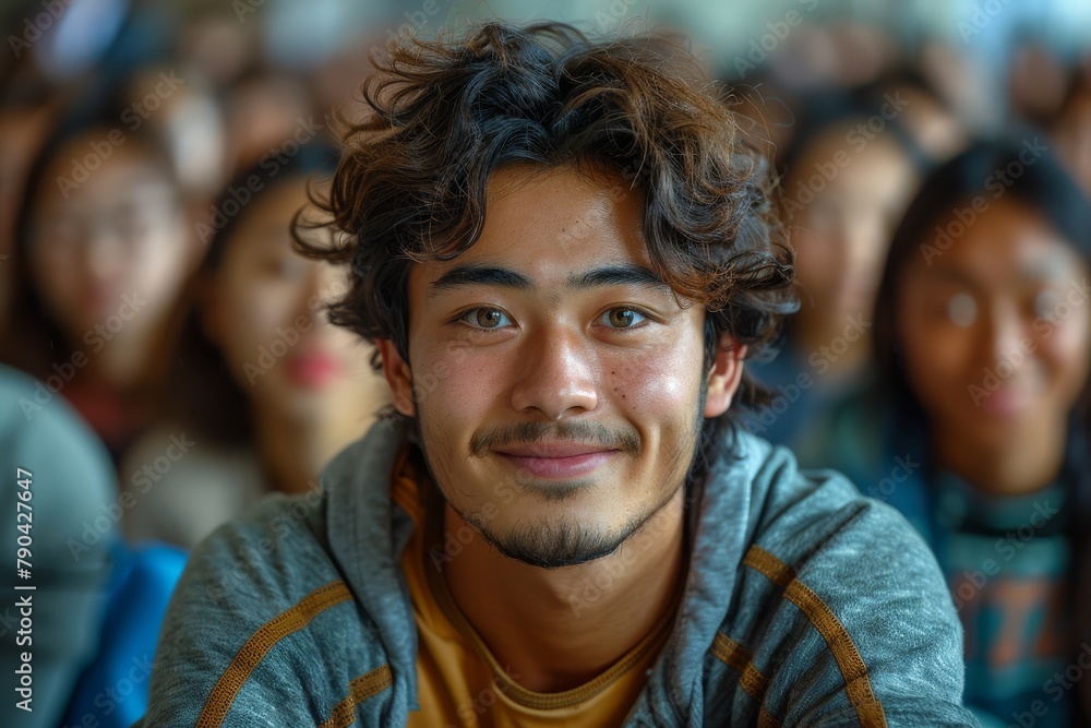A young man with curly hair smiles warmly at the camera with a blurred crowd of people in the background A young man with curly hair smiles warmly at the camera with a blurred crowd of people in the background
