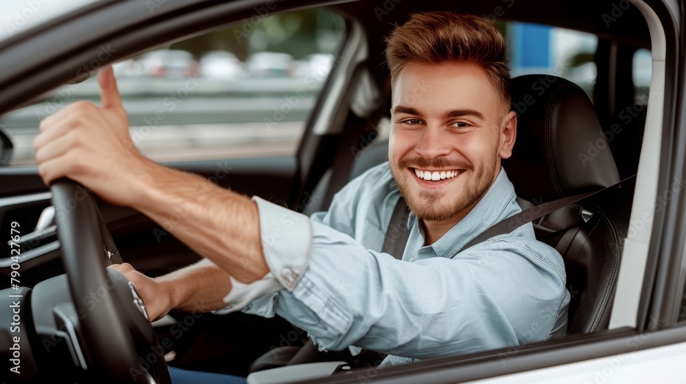 Adult happy fun man customer male buyer client wear shirt drive electric car with seat belt choose auto want to buy new automobile in showroom vehicle salon dealership store motor show. Sales concept