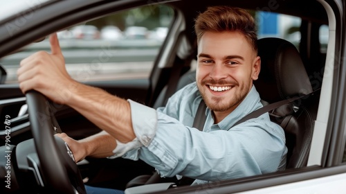 Adult happy fun man customer male buyer client wear shirt drive electric car with seat belt choose auto want to buy new automobile in showroom vehicle salon dealership store motor show. Sales concept © JovialFox