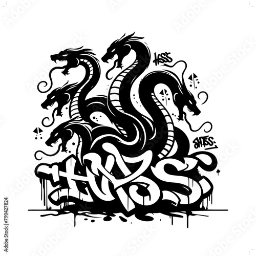 hydra dragon silhouette, people in graffiti tag, hip hop, street art typography illustration.