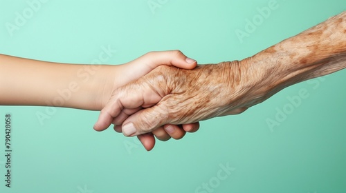 Supportive Hand Hold Between Generations, Young and Old, Presented on a Peaceful Mint Green Background