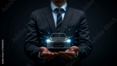 Car (automobile) insurance and collision damage waiver concepts. Businessman with protective gesture and icon of car.  photo