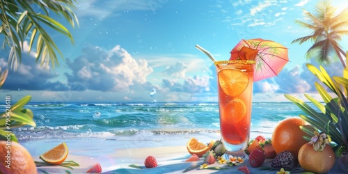 exotic fruit cocktails on the beach Generative AI