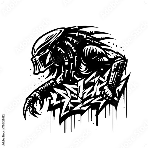 alien predator silhouette, horror character in graffiti tag, hip hop, street art typography illustration.