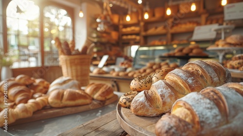 Pastries and Baguettes Showcased in Bakery with Room for Text