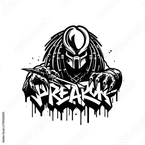 alien predator silhouette, horror character in graffiti tag, hip hop, street art typography illustration.