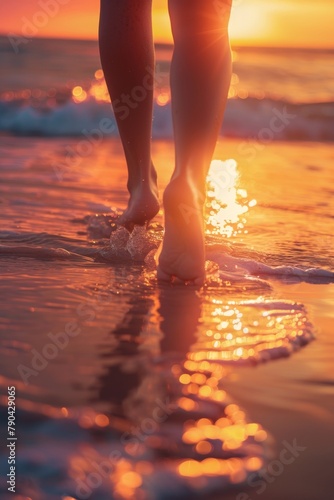 female feet in the sand on the beach Generative AI