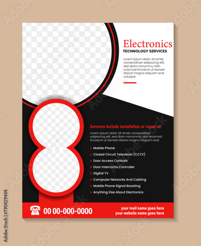 electronics technology services brochure cover design in vertical layout with graphic elements and circle place for photo background, vector illustration template in A4 size. red and black colors.