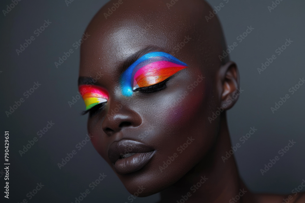 Headshot of a bald black female model with flamboyant and vivid makeup on dark grey background Headshot of a bald black female model with flamboyant and vivid makeup on dark grey background