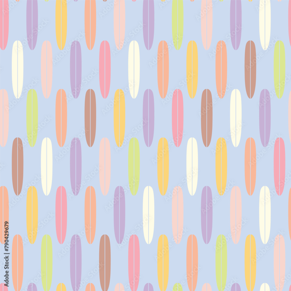 Vintage seamless pattern with surf boards. Abstract geometric wallpaper with surfboard shapes. Groovy vector background in style of retro. Colorful sporty summer design for textile, paper, wrap