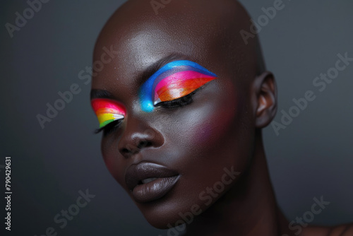 Headshot of a bald black female model with flamboyant and vivid makeup on dark grey background