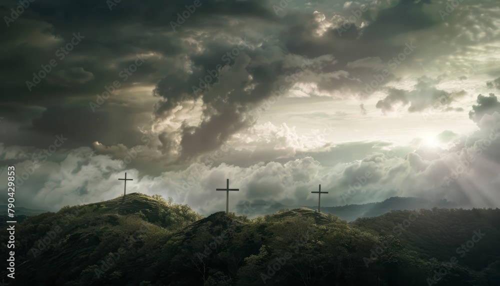 The Christianity themed on a background with dramatic at dawn, the spirit of preaching the Gospel throughout the world. A beautiful sea of clouds, dark clouds and sky and sunbeams The Christianity themed on a background with dramatic at dawn, the spirit of preaching the Gospel throughout the world. A beautiful sea of clouds, dark clouds and sky and sunbeams
