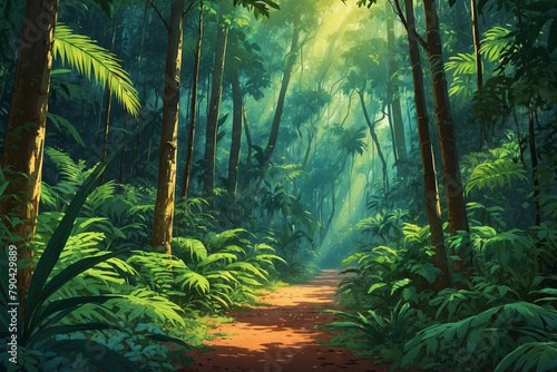 Very dense wild tropical forest interior during the day. In anime style