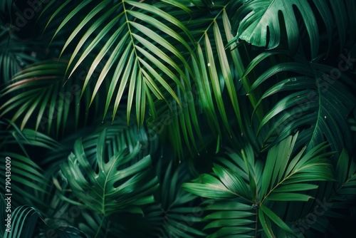 closeup nature view of green leaf and palms background. Flat lay  dark nature concept  tropical leaf - generative ai