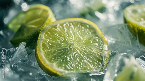 A close-up of sliced green lemons displayed with ice around them in a refreshing and delicious scene. Juicy lemon with the freshness of ice in advertising photography. © Vagner Castro