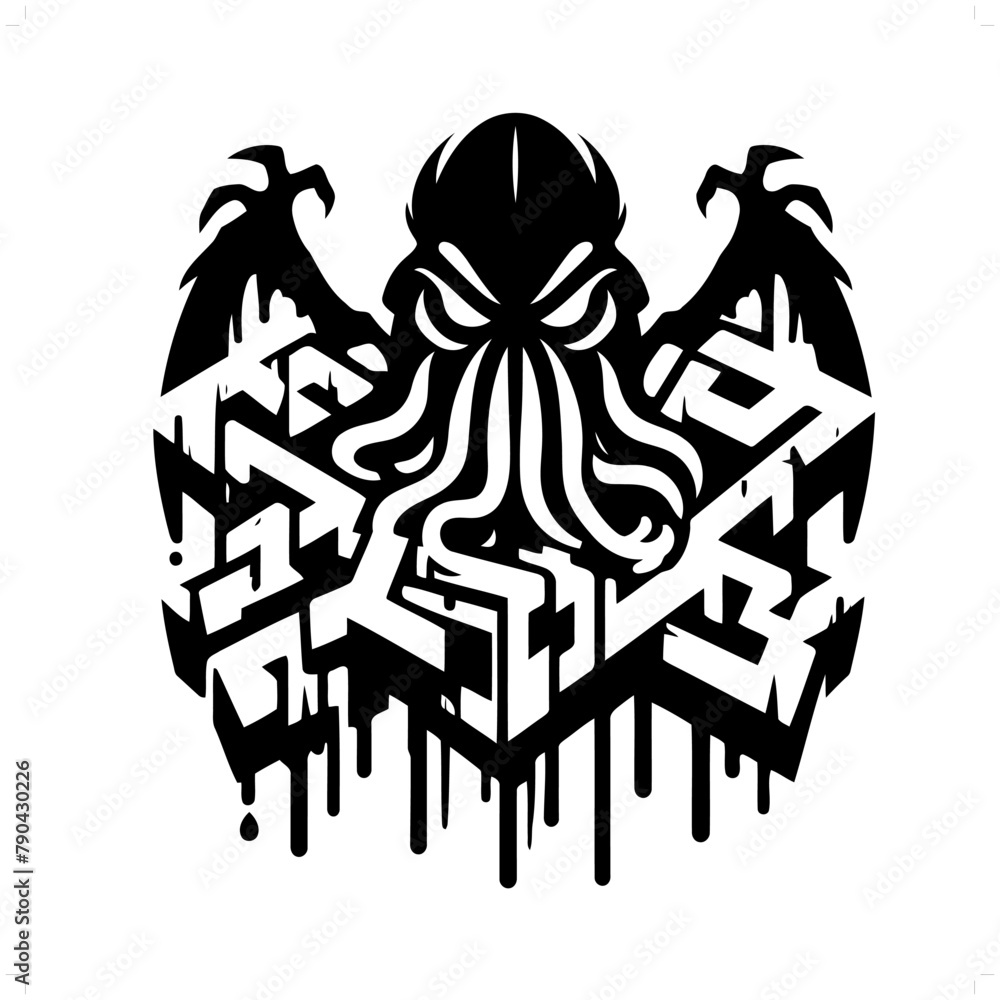 Cthulu silhouette, horror character in graffiti tag, hip hop, street art typography illustration.