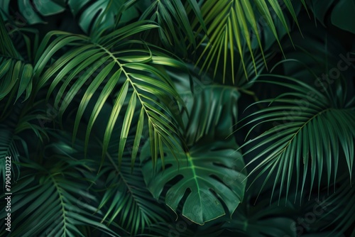 closeup nature view of green leaf and palms background. Flat lay, dark nature concept, tropical leaf - generative ai