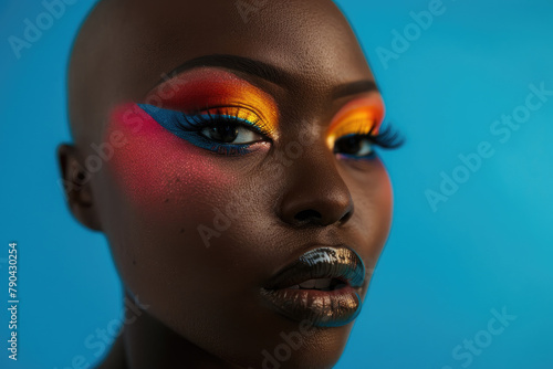 Headshot of a bald black woman with a bold and artistic makeup look on blue studio background