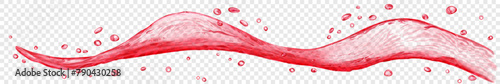 Long translucent water wave or stream with drops, in red colors, isolated on transparent background. Transparency only in vector file