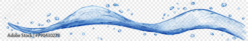Long translucent water wave or stream with drops, in blue colors, isolated on transparent background. Transparency only in vector file