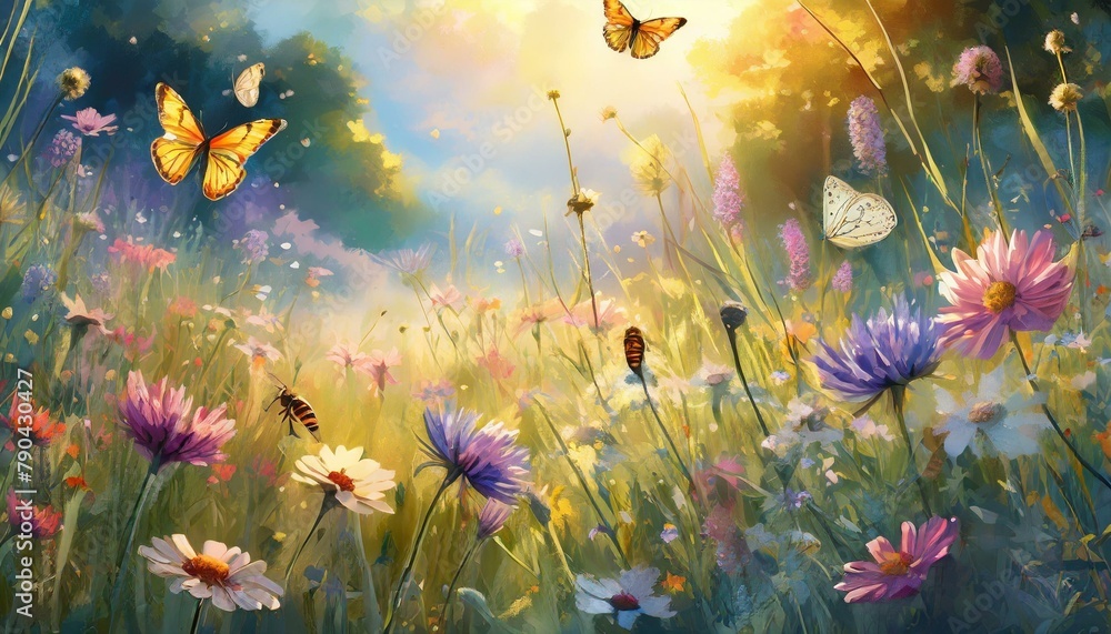 A sun-dappled meadow filled with wildflowers, butterflies, and buzzing bees, bathed in the warm glow of the afternoon sun. Rendered with vivid colors and soft lighting, capturing the essence of summer