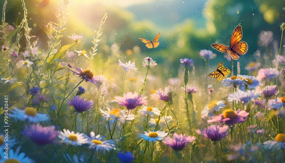 A sun-dappled meadow filled with wildflowers, butterflies, and buzzing bees, bathed in the warm glow of the afternoon sun. Rendered with vivid colors and soft lighting, capturing the essence of summer
