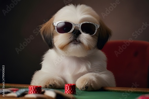 Shih Tzu puppy dog playing poker